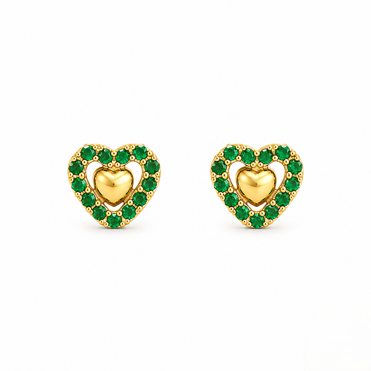 9K Gold Emerald Halo Heart Second Stud Earrings