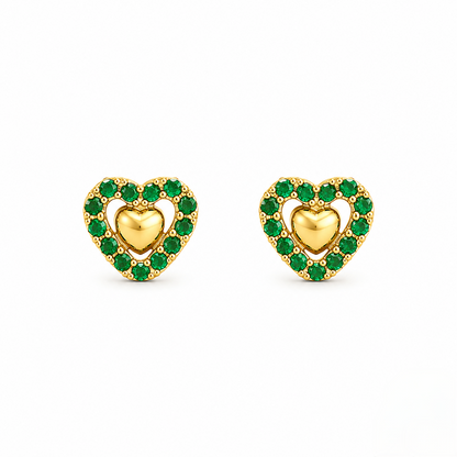 9K Gold Emerald Halo Heart Second Stud Earrings