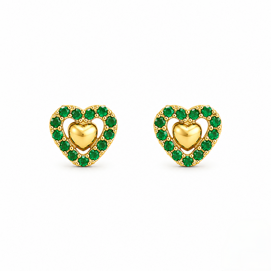 9K Gold Emerald Halo Heart Second Stud Earrings