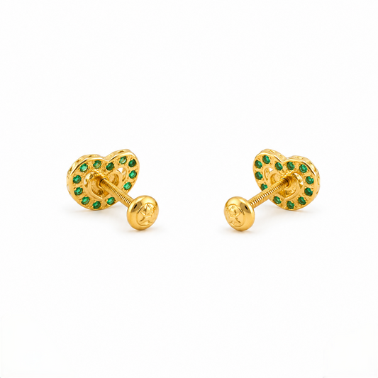 9K Gold Emerald Halo Heart Second Stud Earrings
