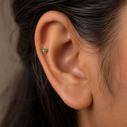 9K Gold Emerald Halo Heart Second Stud Earrings