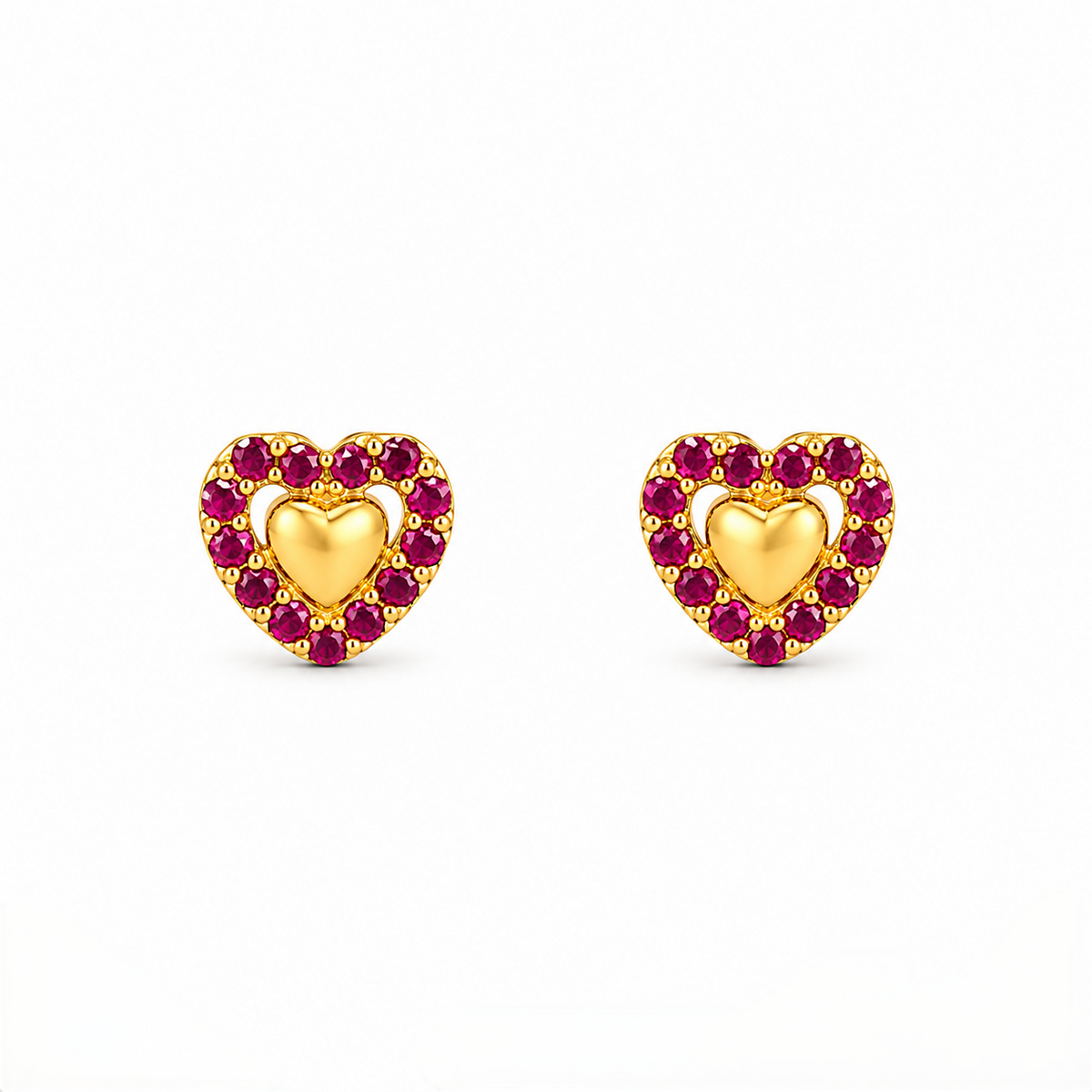 9K Gold Ruby Halo Heart Second Stud Earrings