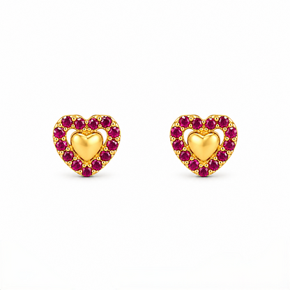 9K Gold Ruby Halo Heart Second Stud Earrings