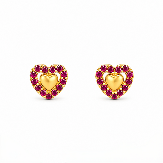 9K Gold Ruby Halo Heart Second Stud Earrings