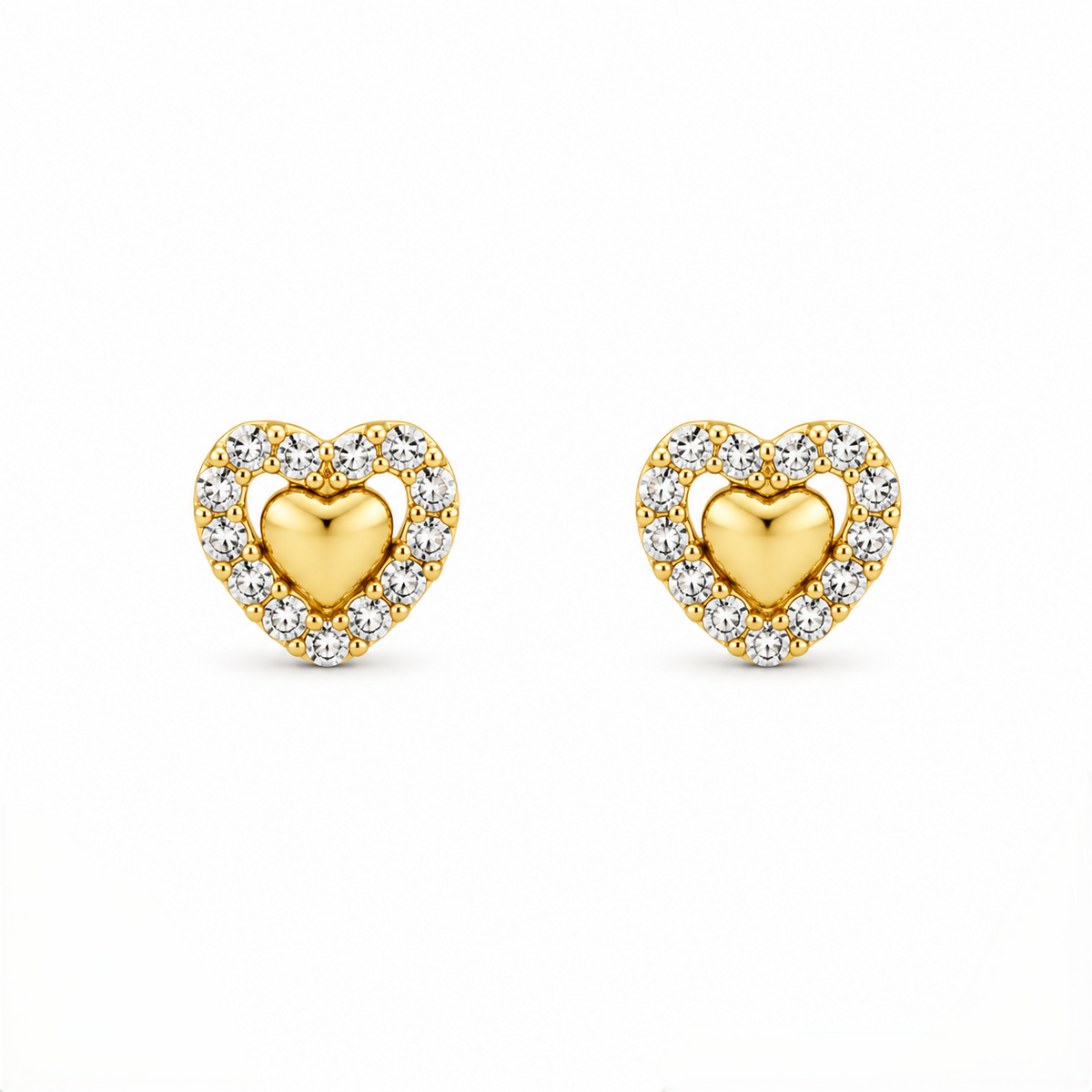 9K Gold White Stone Halo Heart Second Stud Earrings