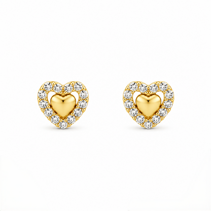9K Gold White Stone Halo Heart Second Stud Earrings