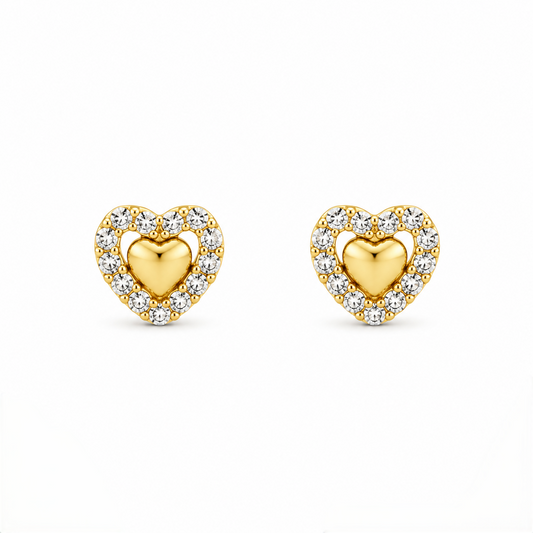 9K Gold White Stone Halo Heart Second Stud Earrings
