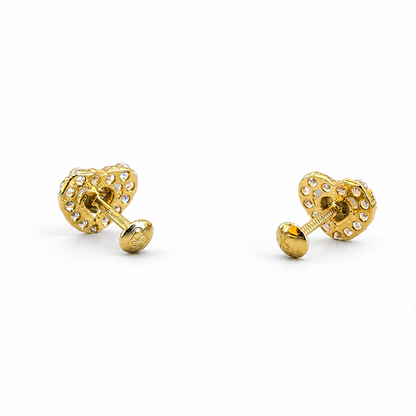 9K Gold White Stone Halo Heart Second Stud Earrings