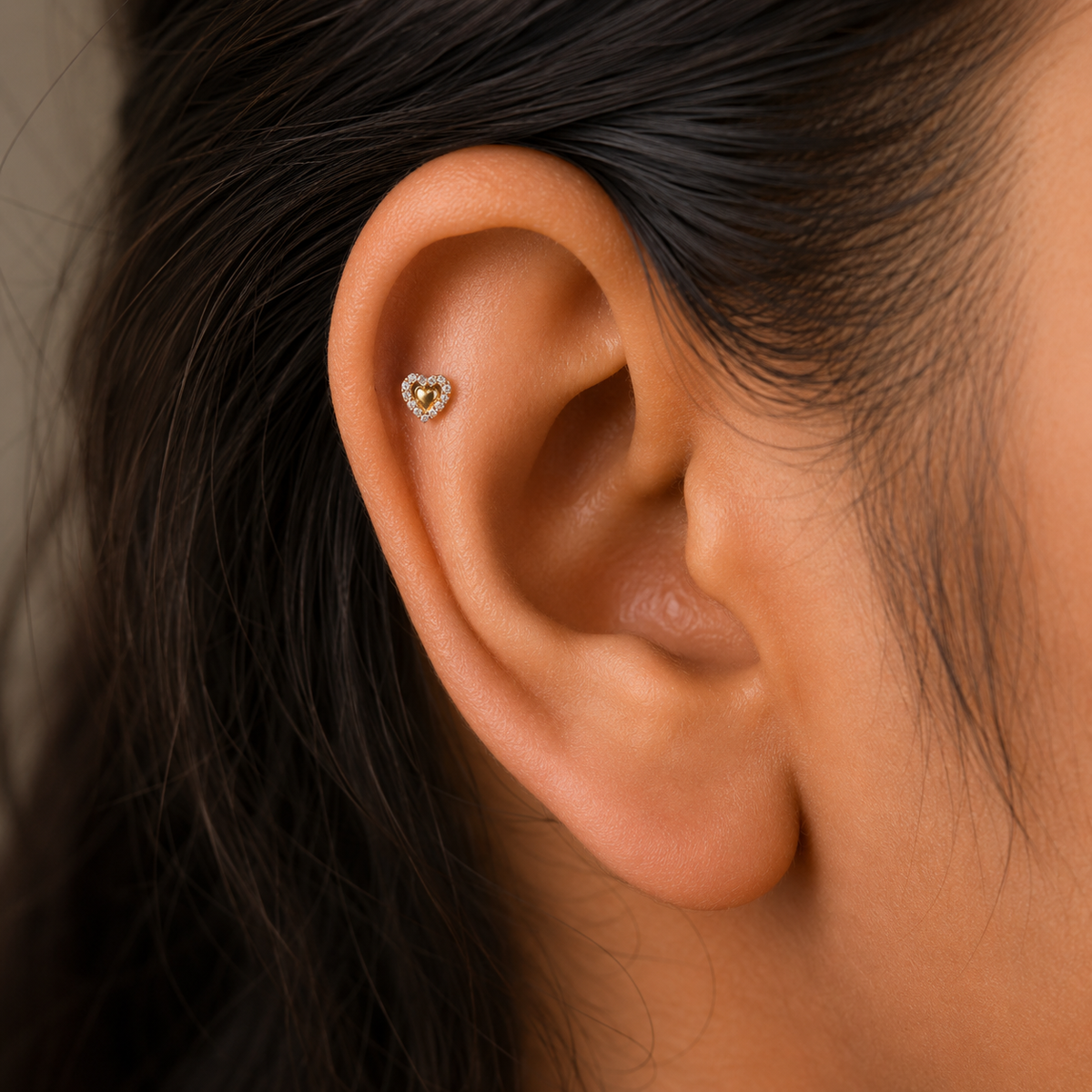 9K Gold White Stone Halo Heart Second Stud Earrings