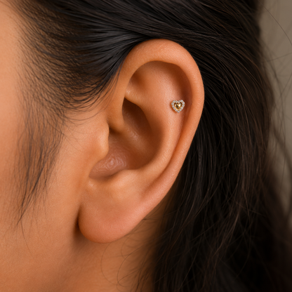 9K Gold White Stone Halo Heart Second Stud Earrings