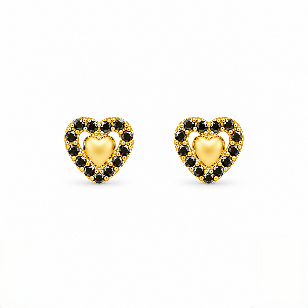 9K Gold Black Stone Halo Heart Second Stud Earrings