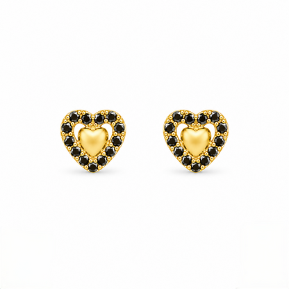 9K Gold Black Stone Halo Heart Second Stud Earrings
