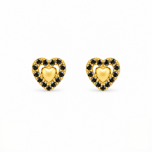 9K Gold Black Stone Halo Heart Second Stud Earrings