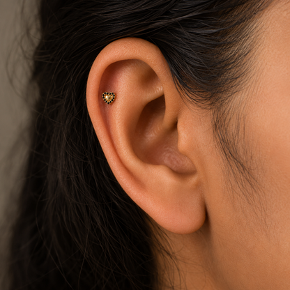 9K Gold Black Stone Halo Heart Second Stud Earrings