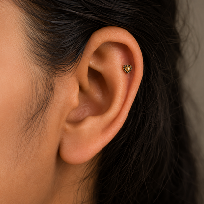 9K Gold Black Stone Halo Heart Second Stud Earrings