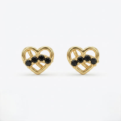 9K Gold Black Stone Love Knot Heart Second Stud Earrings