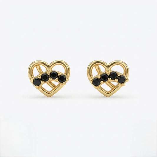 9K Gold Black Stone Love Knot Heart Second Stud Earrings