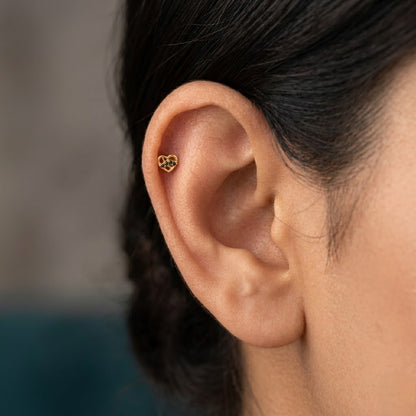 9K Gold Black Stone Love Knot Heart Second Stud Earrings