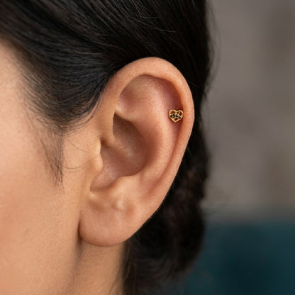 9K Gold Black Stone Love Knot Heart Second Stud Earrings