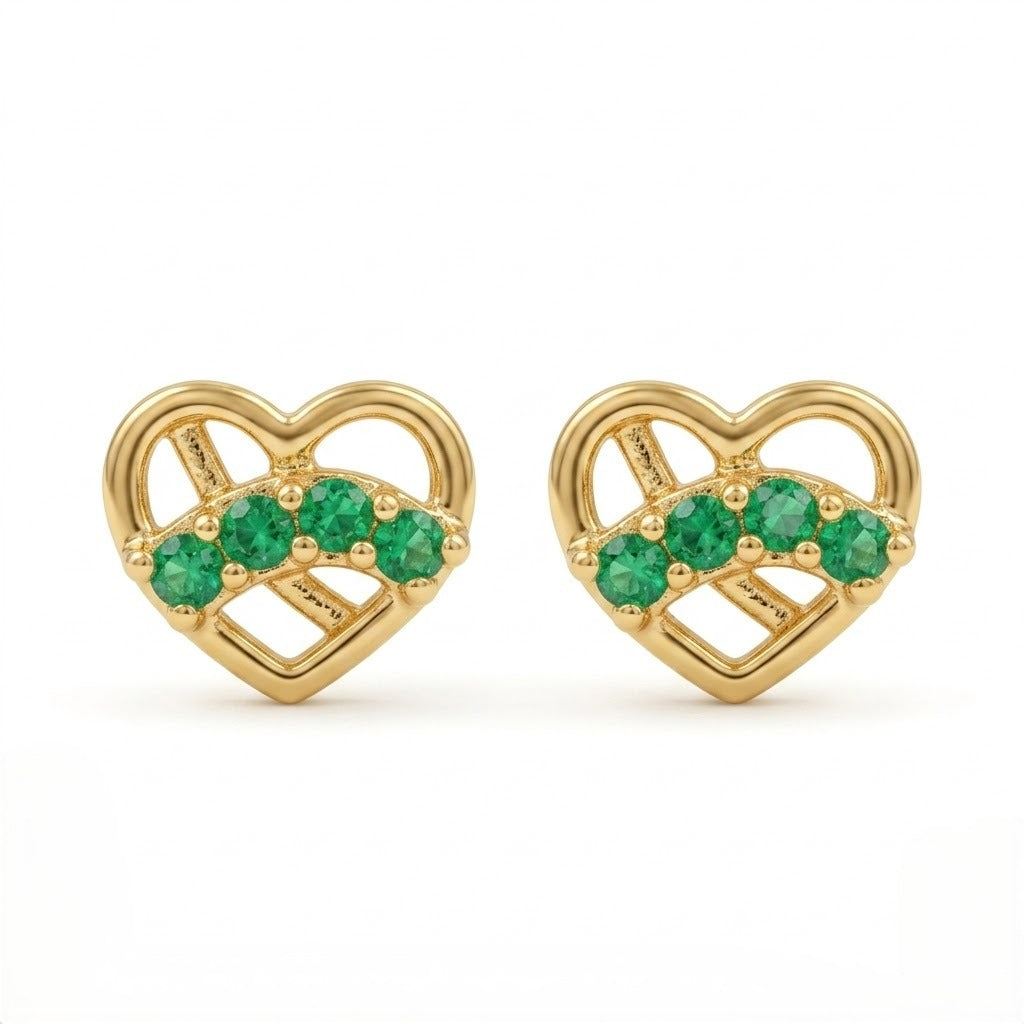 9K Gold Emerald Love Knot Heart Second Stud Earrings