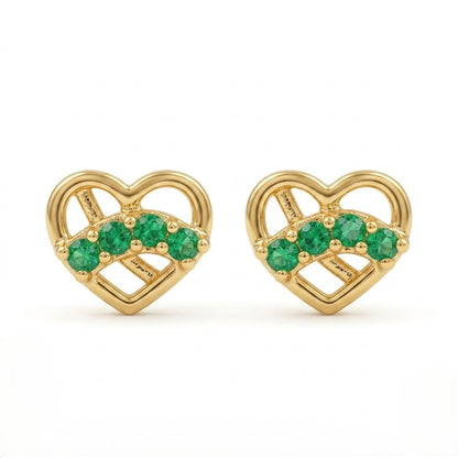 9K Gold Emerald Love Knot Heart Second Stud Earrings