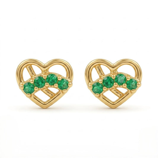 9K Gold Emerald Love Knot Heart Second Stud Earrings