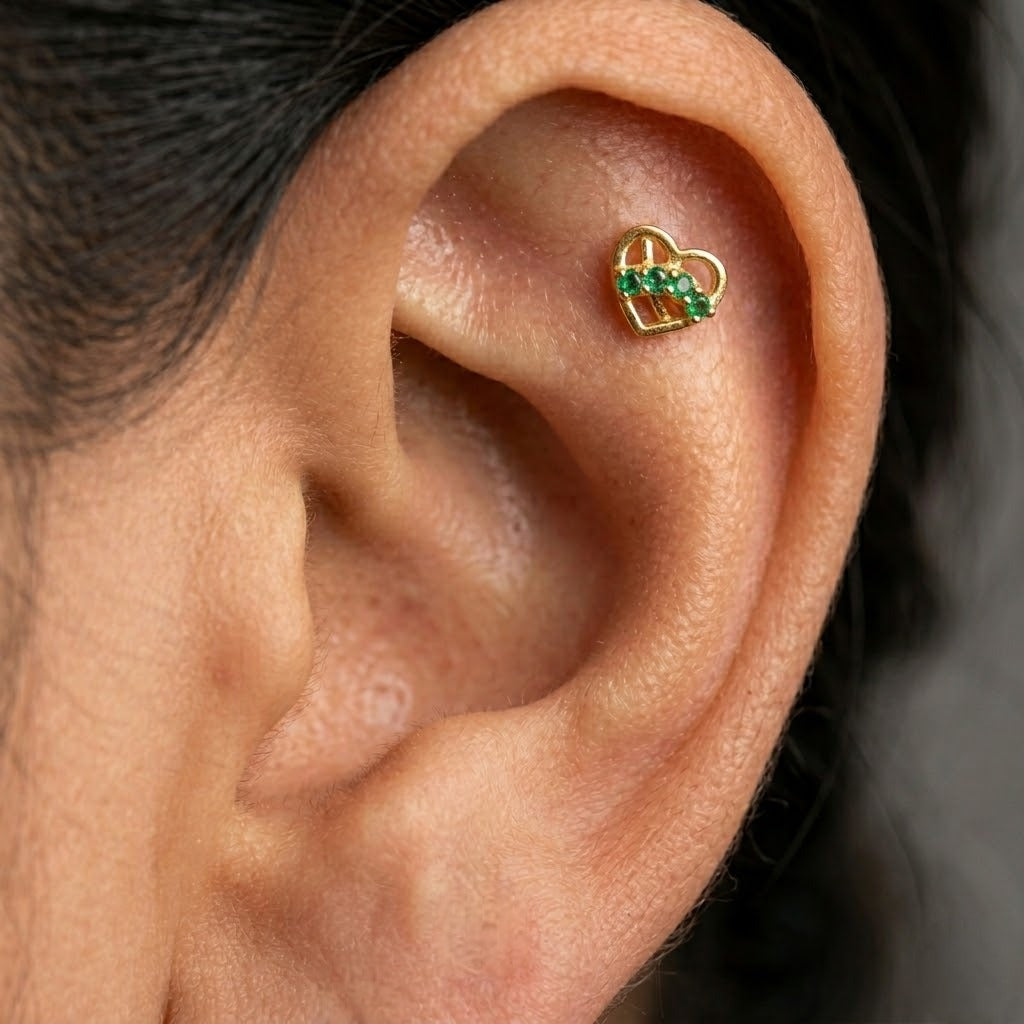 9K Gold Emerald Love Knot Heart Second Stud Earrings