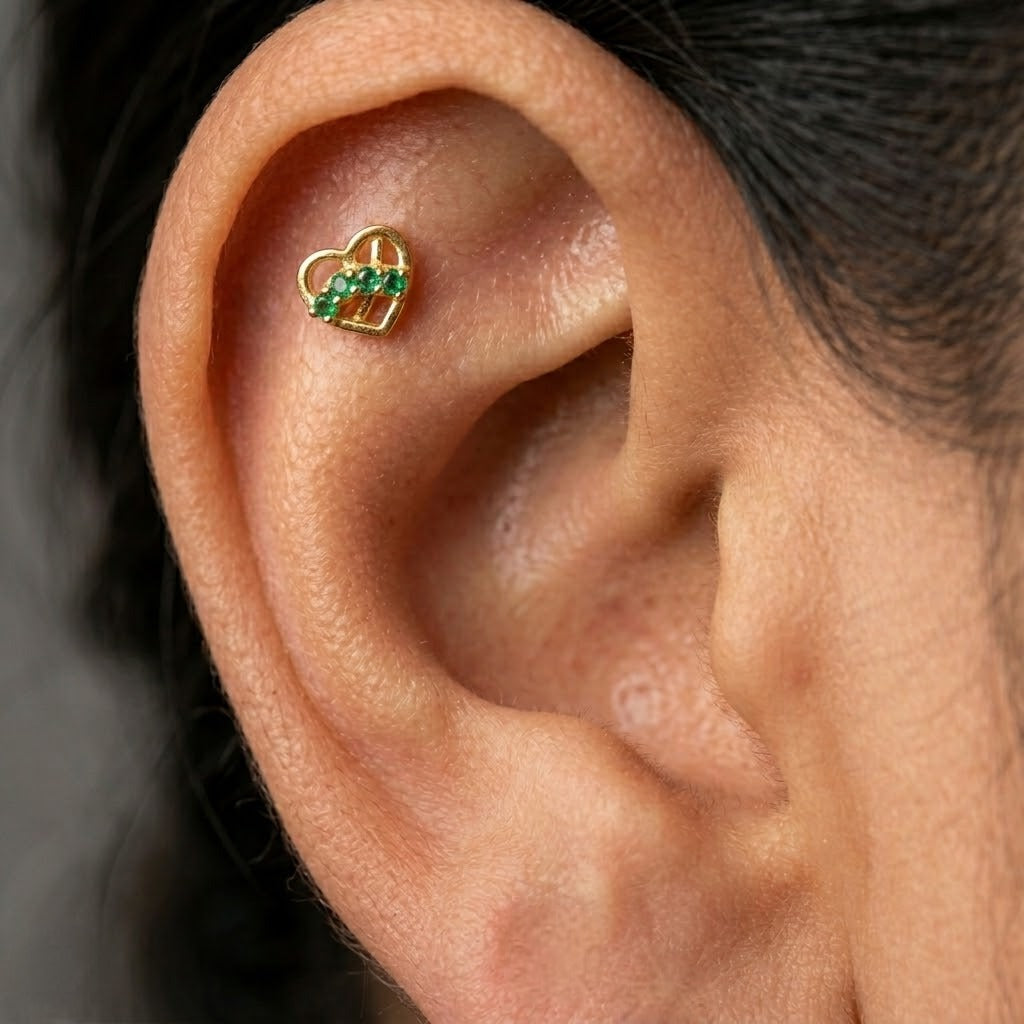 9K Gold Emerald Love Knot Heart Second Stud Earrings