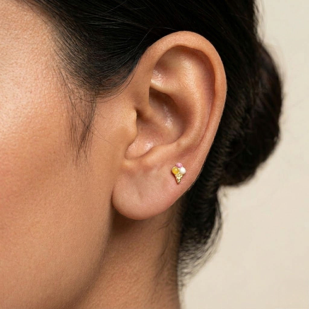 9K Gold Ice Cream Cone Second Stud Earrings