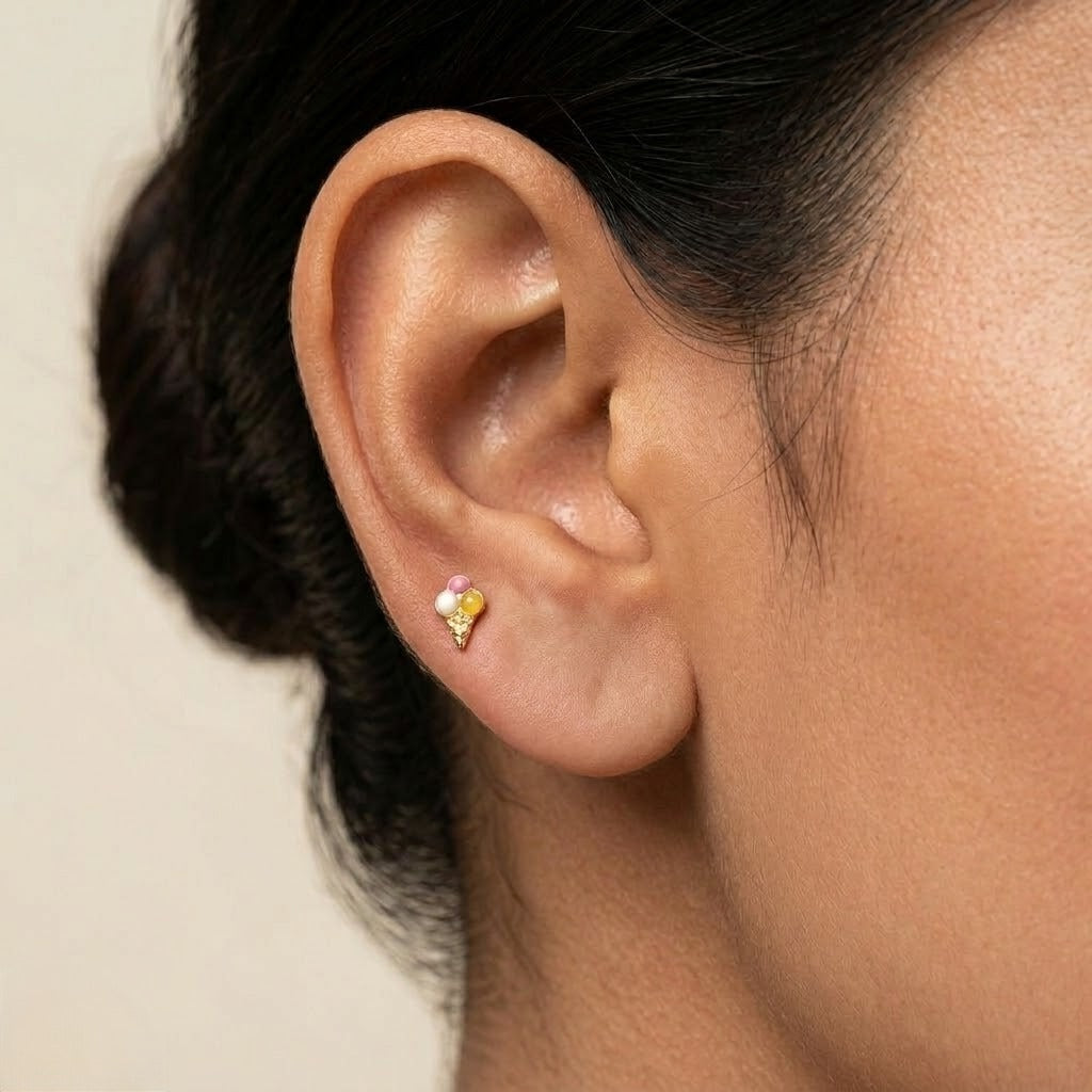 9K Gold Ice Cream Cone Second Stud Earrings