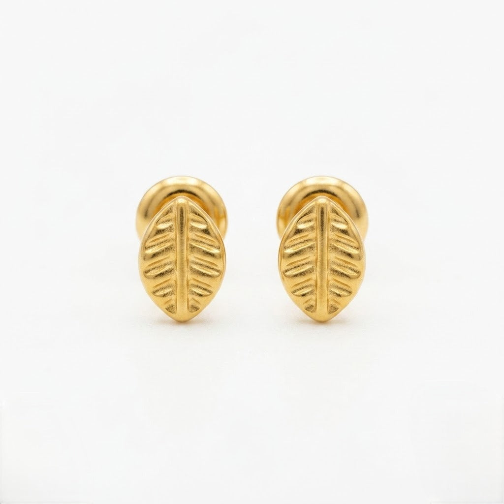 9K Gold Ribbed Leaf Second Stud Earrings