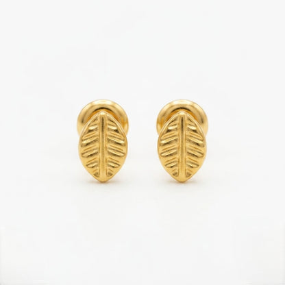 9K Gold Ribbed Leaf Second Stud Earrings