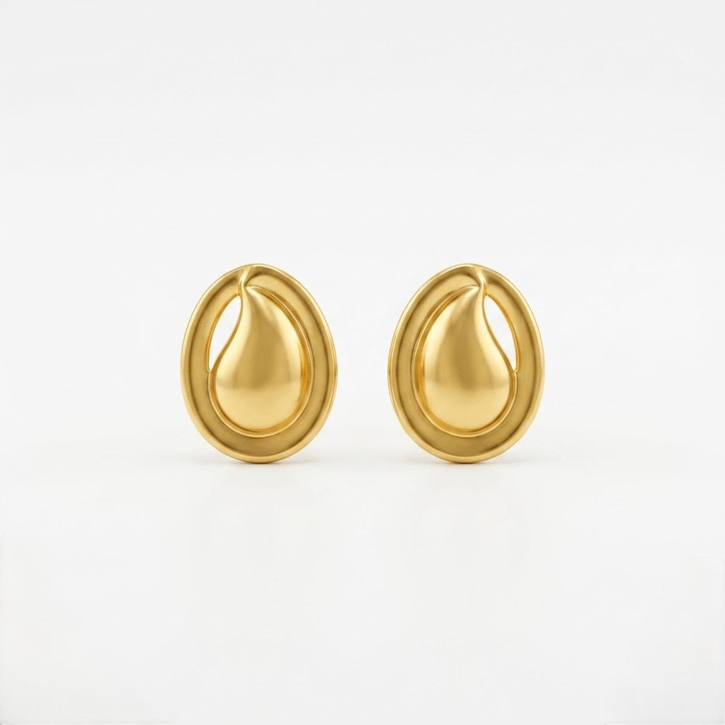 9K Gold Oval Leaf Drop Second Stud Earrings