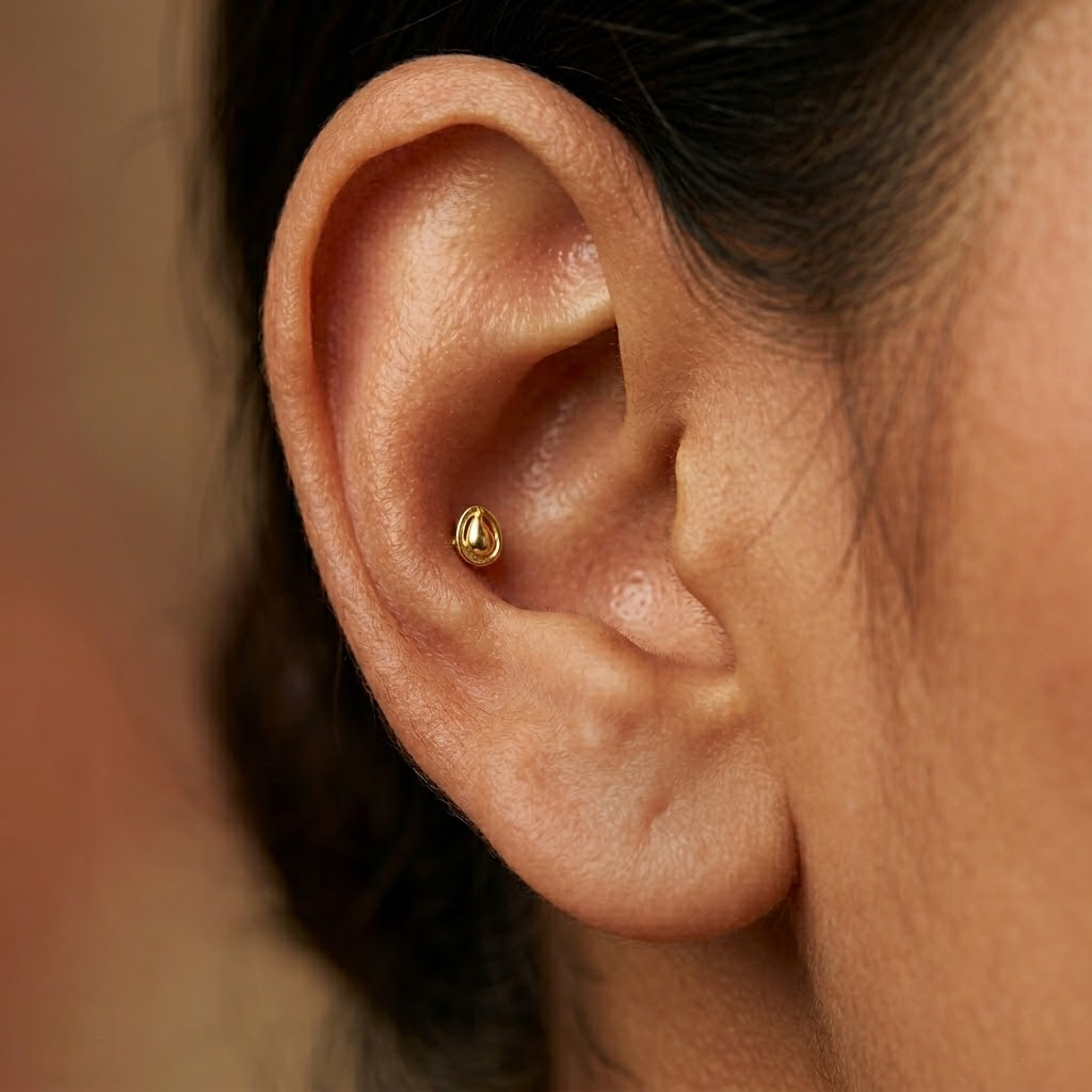 9K Gold Oval Leaf Drop Second Stud Earrings