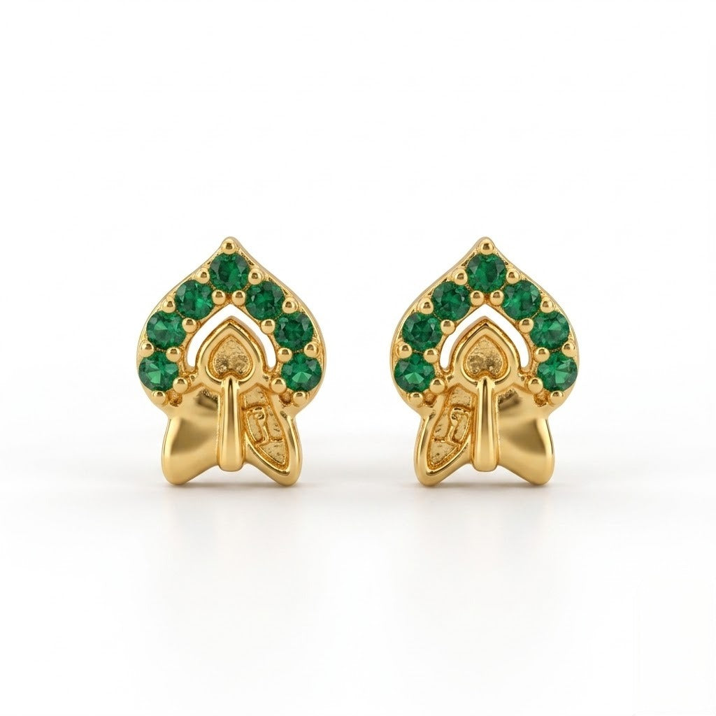 9K Gold Emerald Leaf Motif Second Stud Earrings