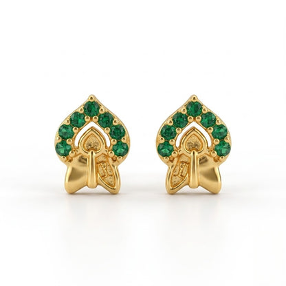 9K Gold Emerald Leaf Motif Second Stud Earrings