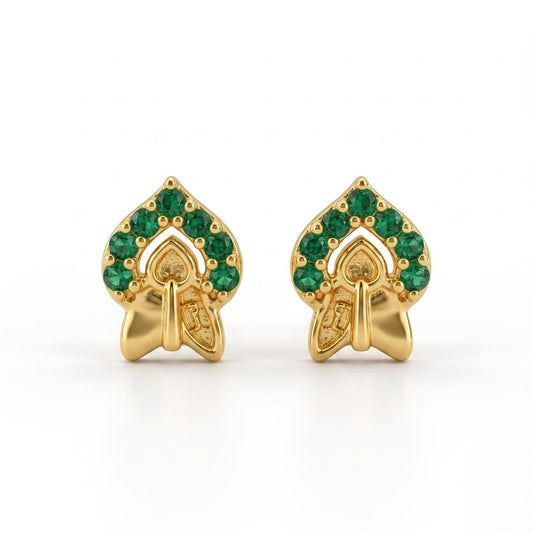 9K Gold Emerald Leaf Motif Second Stud Earrings
