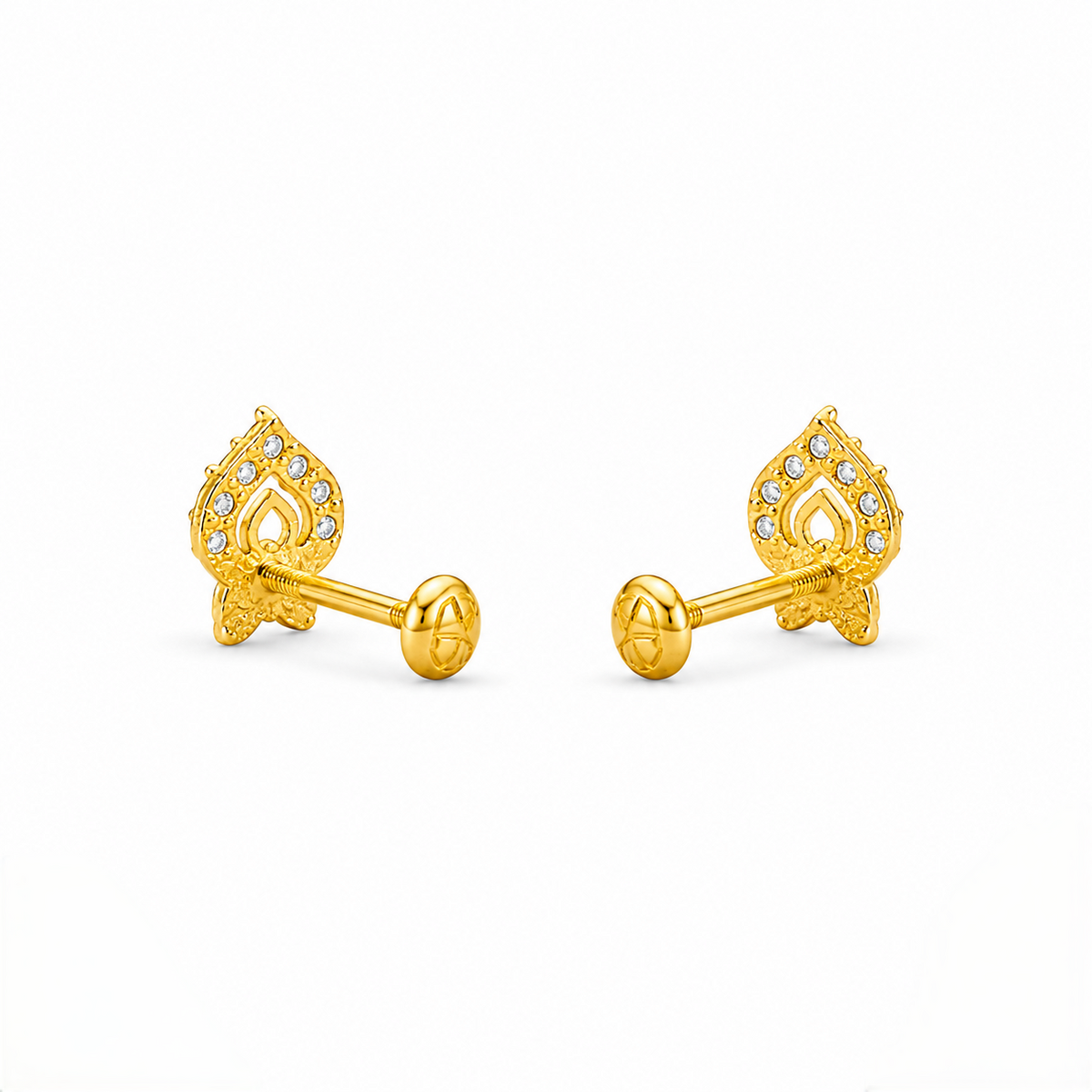9K Gold Emerald Leaf Motif Second Stud Earrings
