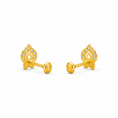 9K Gold Emerald Leaf Motif Second Stud Earrings