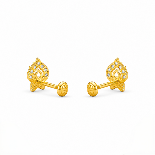 9K Gold Emerald Leaf Motif Second Stud Earrings