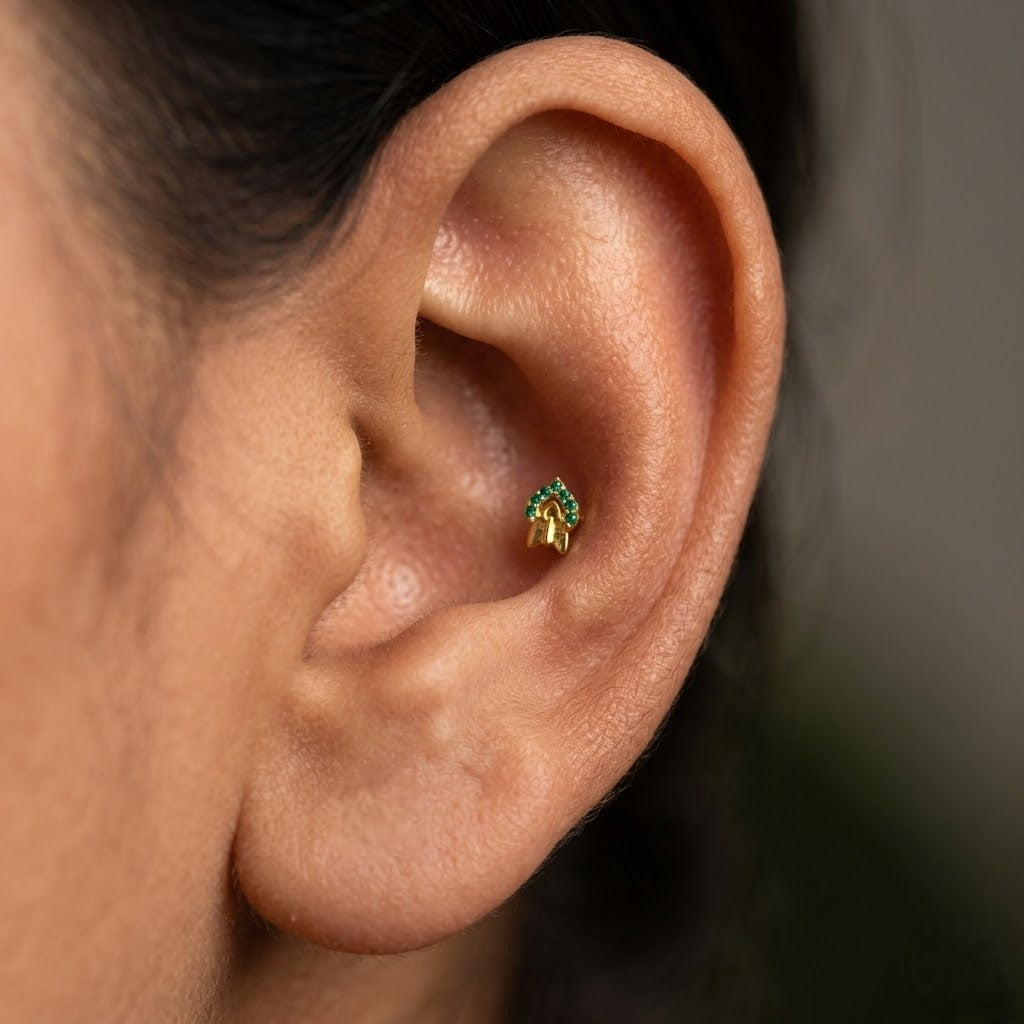 9K Gold Emerald Leaf Motif Second Stud Earrings