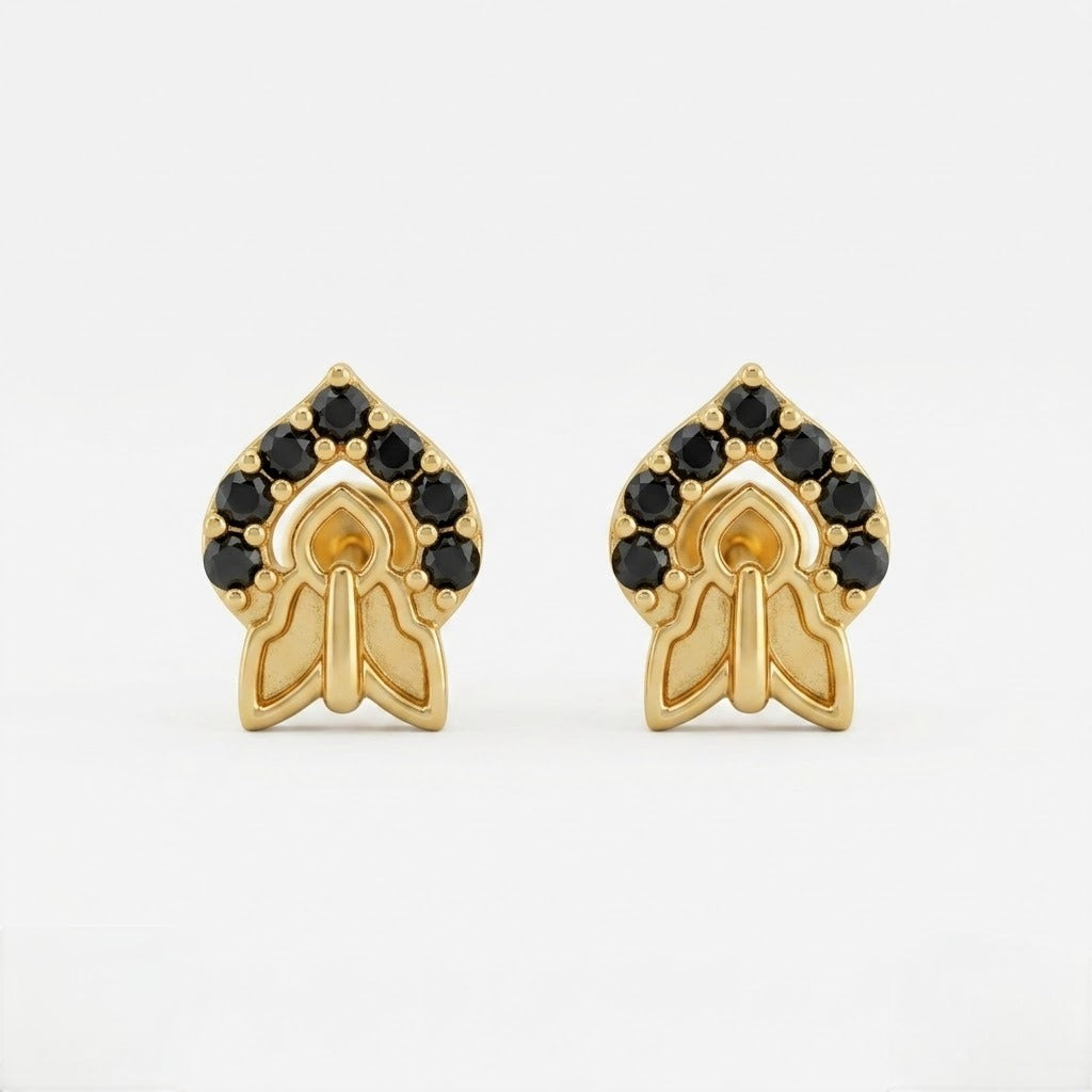 9K Gold Black Stone Leaf Flame Second Stud Earrings