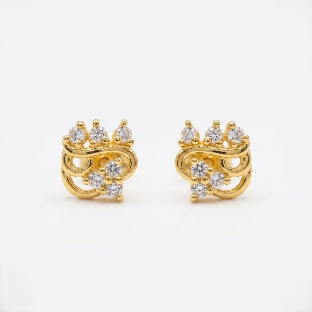 9K Gold White Stone Ornate Crown Second Stud Earrings