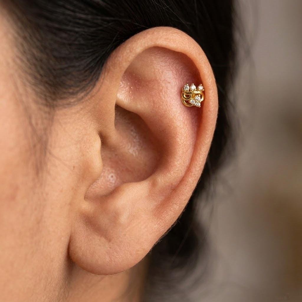 9K Gold White Stone Ornate Crown Second Stud Earrings