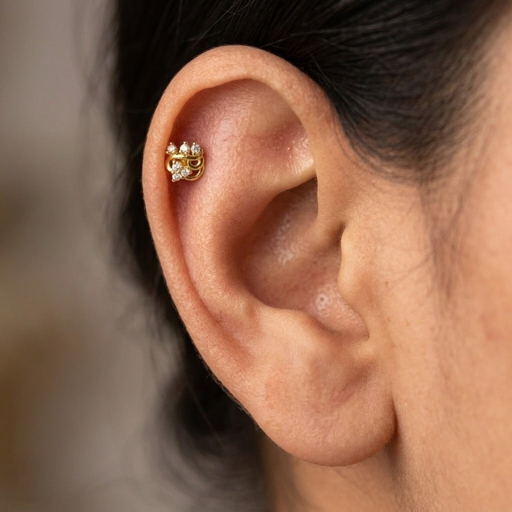 9K Gold White Stone Ornate Crown Second Stud Earrings