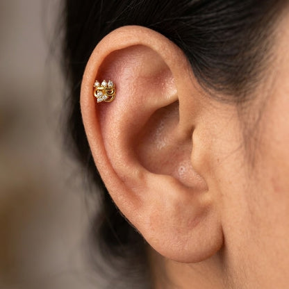 9K Gold White Stone Ornate Crown Second Stud Earrings