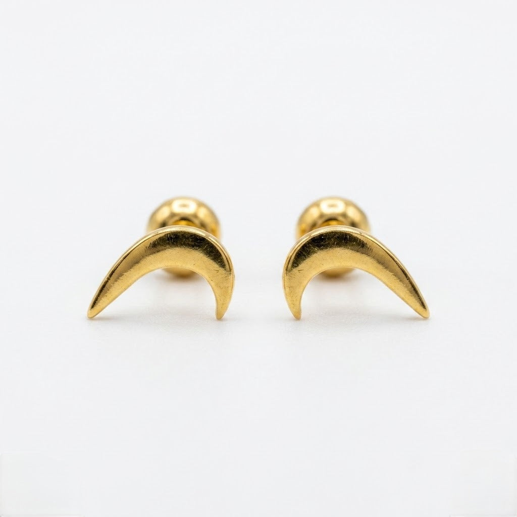 9K Gold Curved Moon Horn Second Stud Earrings