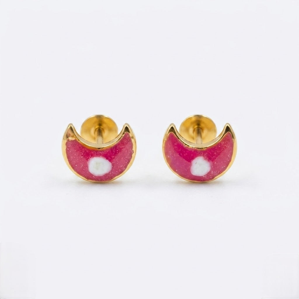 9K Gold Pink Enamel Crescent Second Stud Earrings