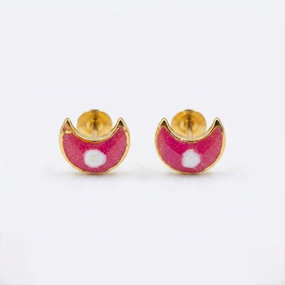 9K Gold Pink Enamel Crescent Second Stud Earrings