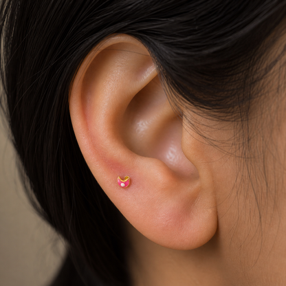 9K Gold Pink Enamel Crescent Second Stud Earrings